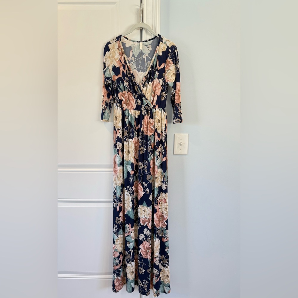Floral Maxi Dress with Navy and Pink Accents.